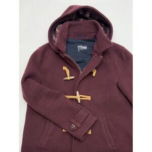 VTG WOOLRICH Burgundy Century Duffle Wool Blend Hooded Coat Wooden Toggles Sz L